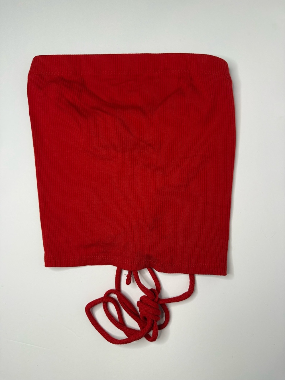 Papaya Red Ribbed Drawstring Strapless Crop Top